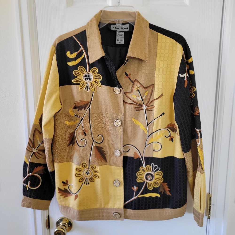 Indigo Moon Jacket XS Art To Wear Yellow Gold Black Floral Embroidery Button